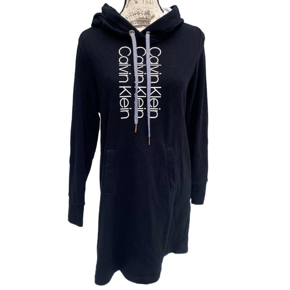 Calvin Klein Long Sleeve Hooded Sweater Dress Tunic Black White L